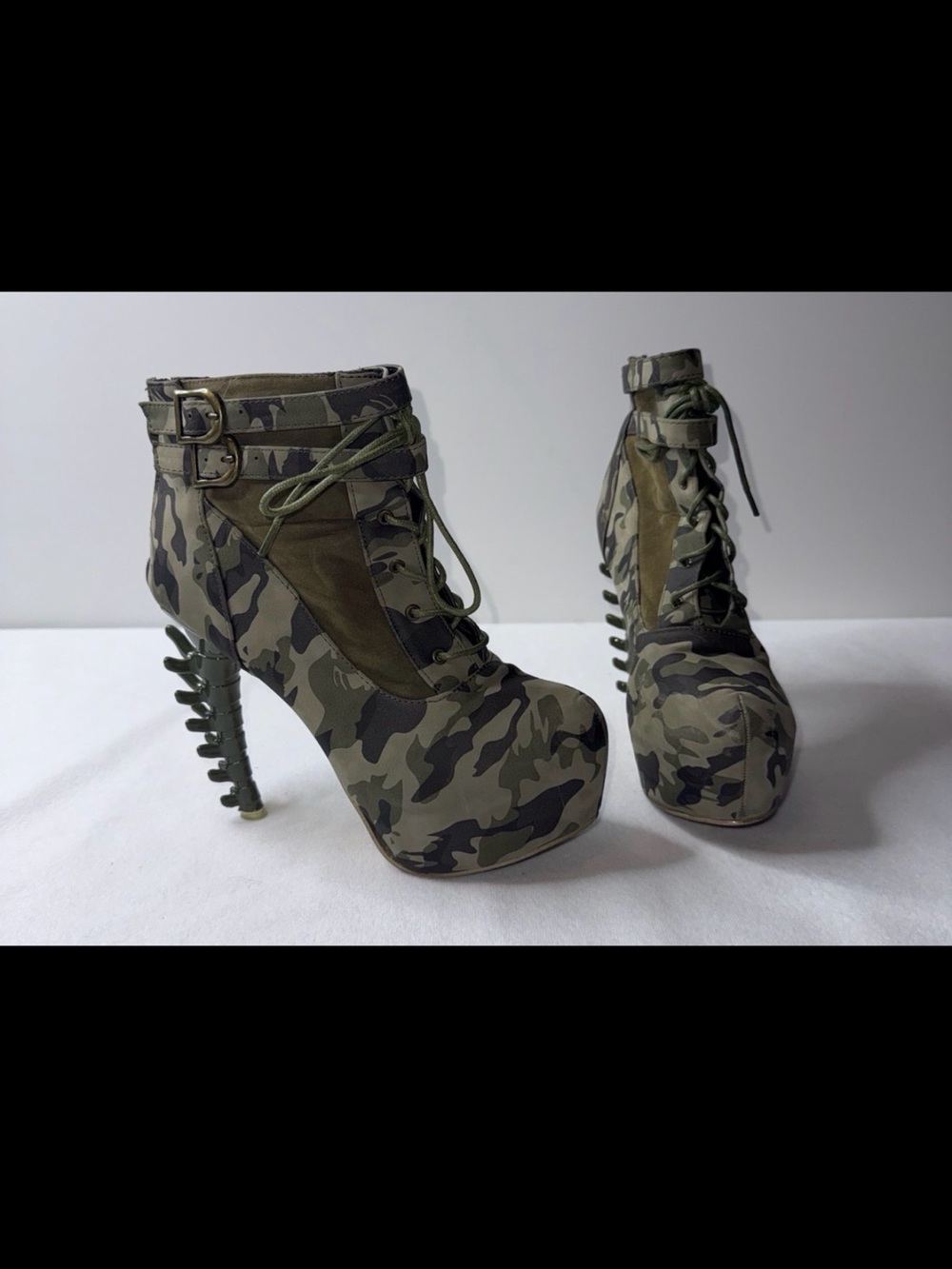 Camo Lace-Up High Heel Ankle Boots - Olive Camouflage